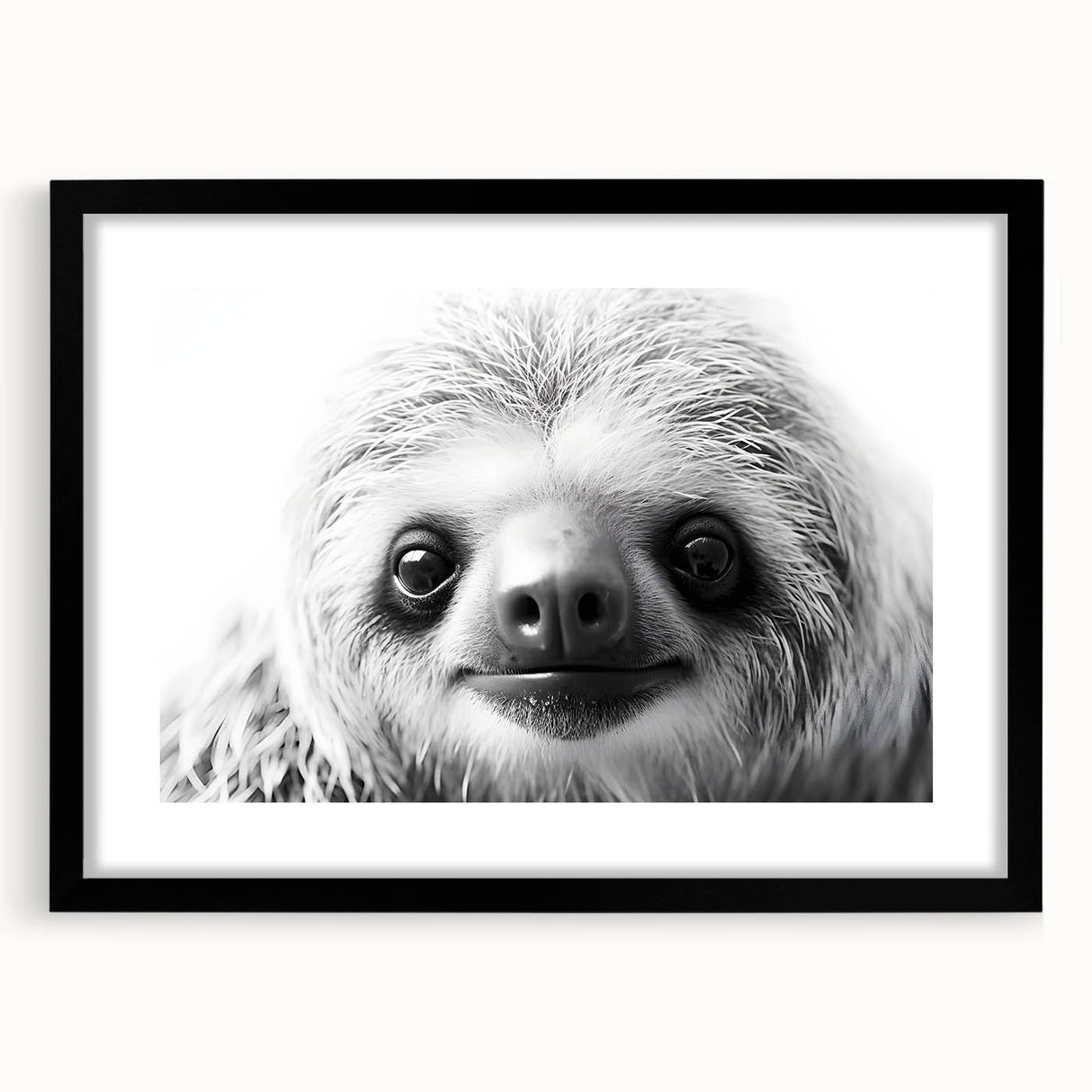 Framed wall art featuring a sloth design from the "Animals: A Wild Life" collection, showcasing a black frame and mat, ideal for nature-themed decor.