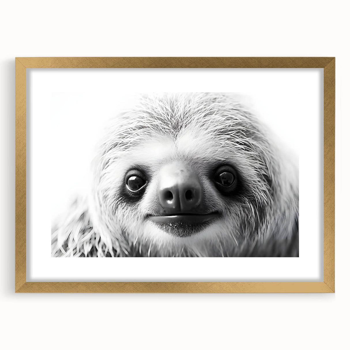 Sloth wall art design in a gold frame, featuring vibrant colors and intricate details, ideal for adding a whimsical touch to home decor. Perfect for animal lovers.