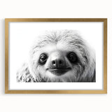 Sloth wall art design in a gold frame, featuring vibrant colors and intricate details, ideal for adding a whimsical touch to home decor. Perfect for animal lovers.