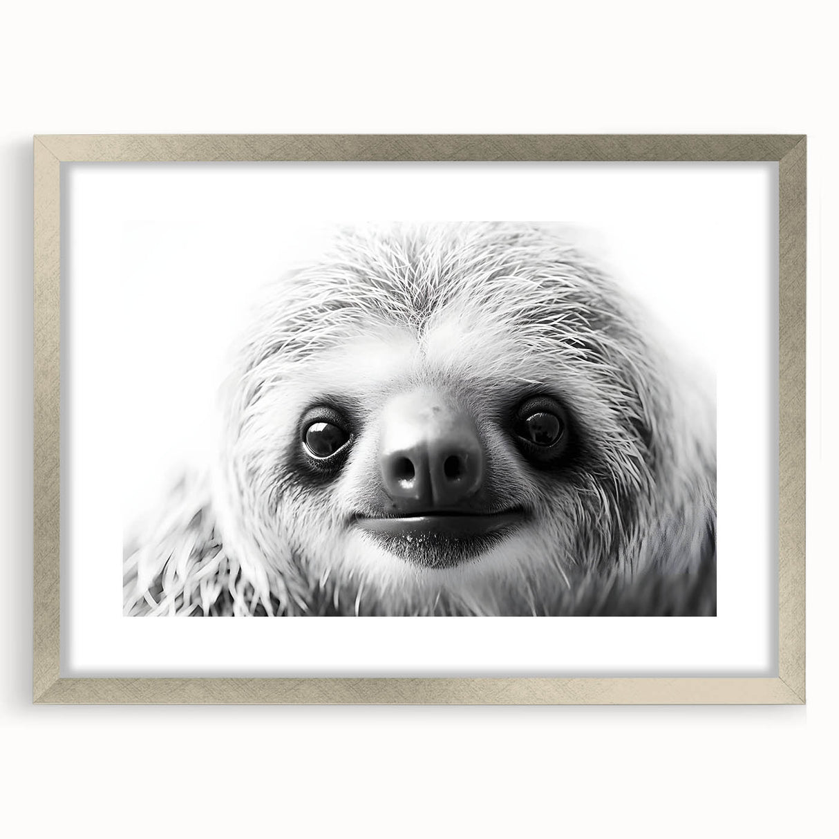 Sloth-themed wall art print featuring a whimsical sloth design in a silver frame with a white mat, perfect for animal lovers and home decor enthusiasts.
