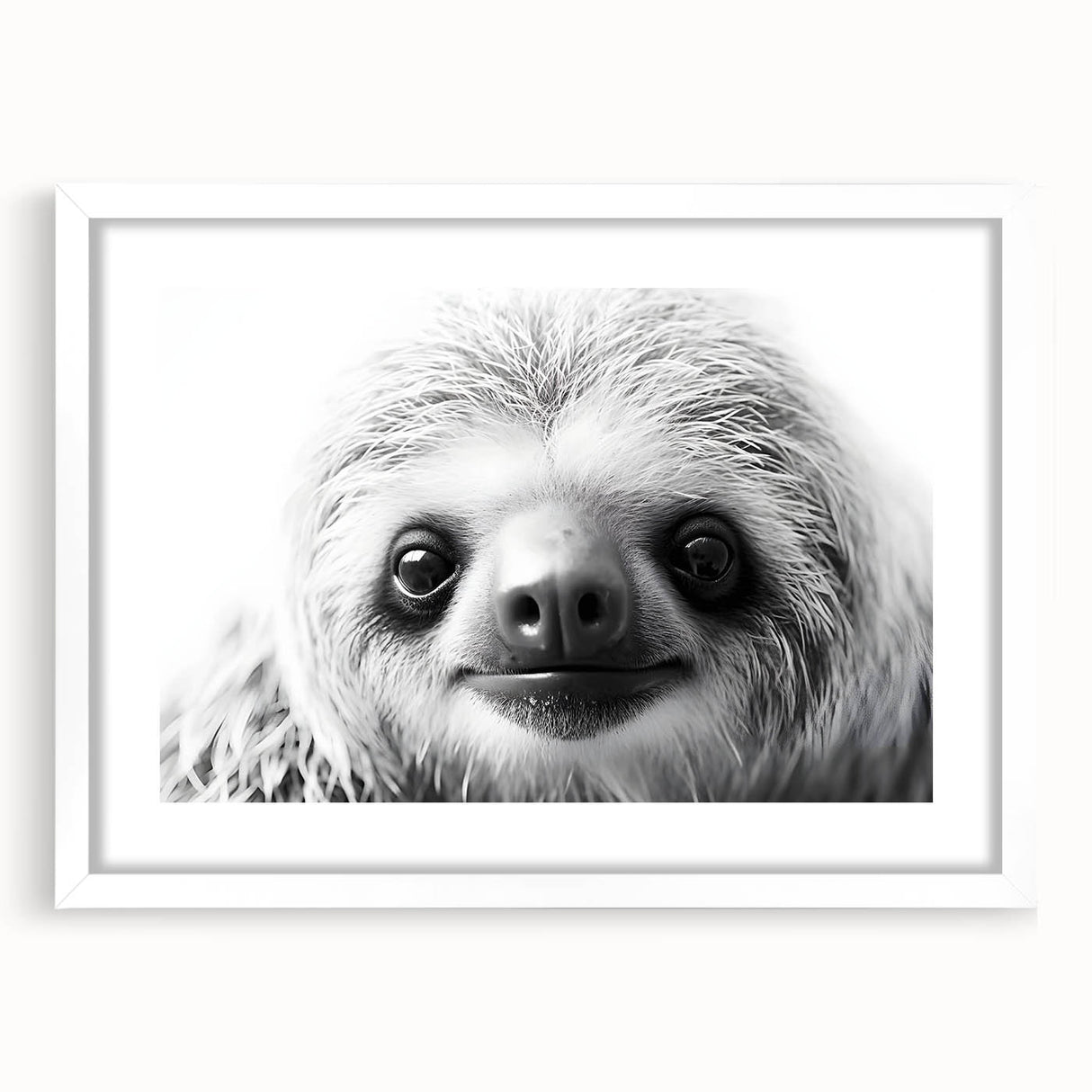 Front view of a framed wall art featuring a sloth design from the "Animals A Wild Life" collection, set in a white frame with a mat, ideal for nature-themed decor.
