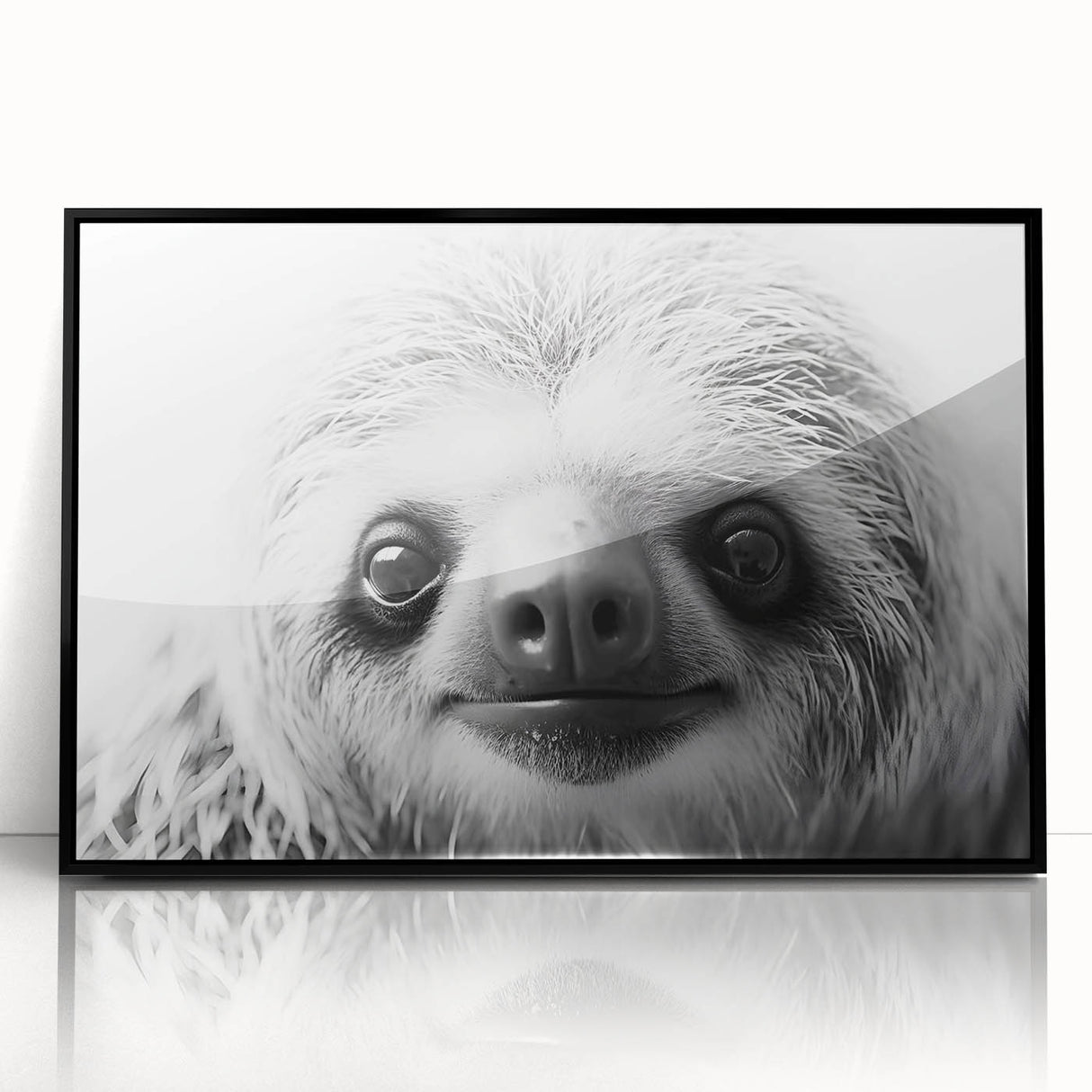 Framed acrylic wall art showcasing a sloth design in a vibrant, colorful style. The black frame enhances the artwork's playful nature, perfect for animal lovers' decor.