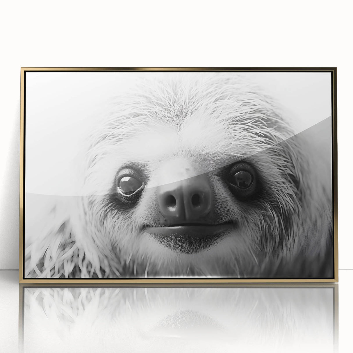 Framed acrylic wall art showcasing a sloth design from the "Animals: A Wild Life" collection, featuring vibrant colors and a gold frame, perfect for nature enthusiasts.