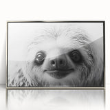 Framed wall art featuring a sloth design from the "Animals: A Wild Life" collection, displayed in a sleek silver frame with acrylic front for a modern touch.