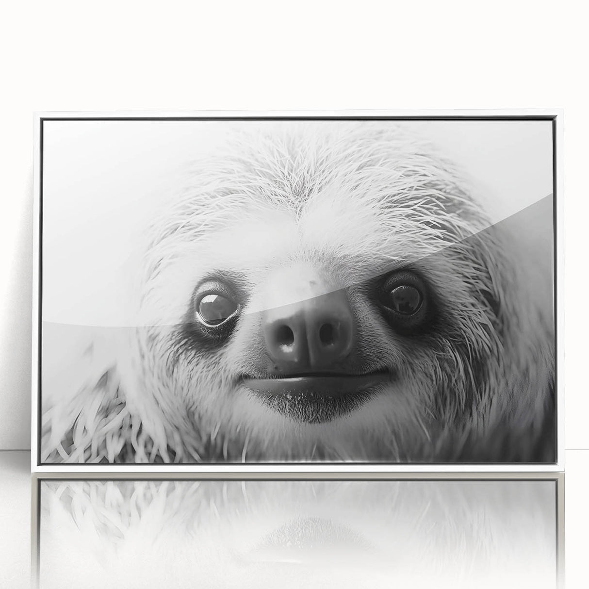 Framed wall art featuring a colorful sloth design from the "Animals A Wild Life" collection, showcasing vibrant colors and a modern, minimalist white frame, ideal for nature-themed decor.