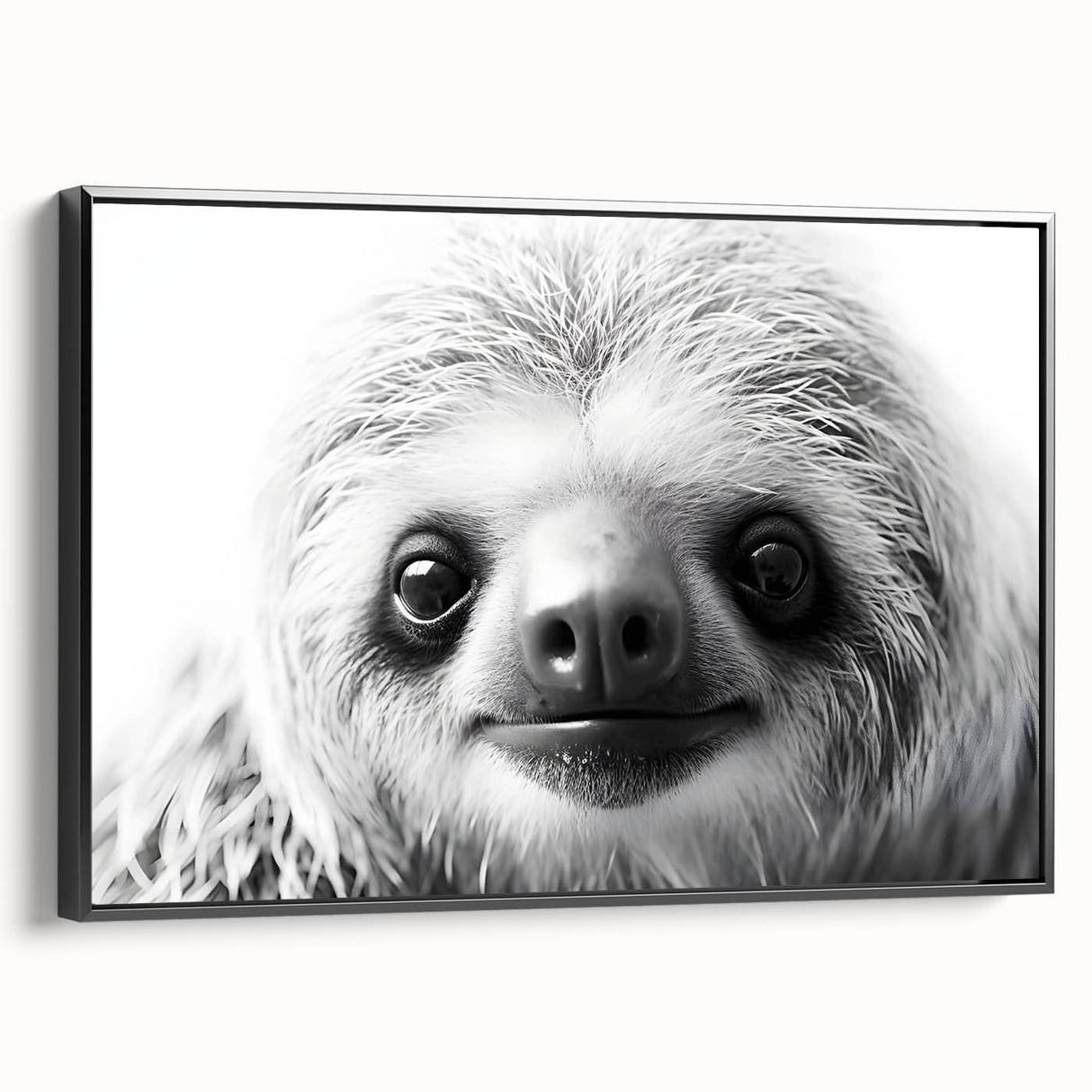 Framed wall art featuring a sloth design on a black canvas, showcasing vibrant colors and intricate details, perfect for animal lovers and home decor enthusiasts.