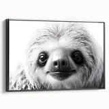 Framed wall art featuring a sloth design on a black canvas, showcasing vibrant colors and intricate details, perfect for animal lovers and home decor enthusiasts.