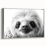 Framed canvas wall art featuring a sloth design in a serene forest setting, showcasing vibrant colors and intricate details, perfect for animal lovers and home decor.