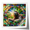 Sloth-themed wall art design showcasing a vibrant, glossy print featuring a whimsical sloth hanging from a tree branch, perfect for nature lovers' decor.