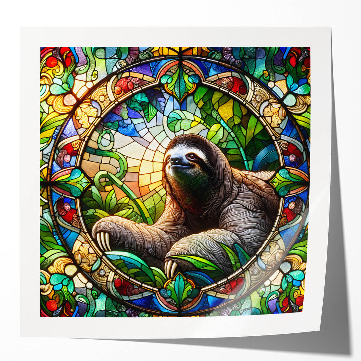 Sloth-themed wall art design showcasing a vibrant, glossy print featuring a whimsical sloth hanging from a tree branch, perfect for nature lovers' decor.