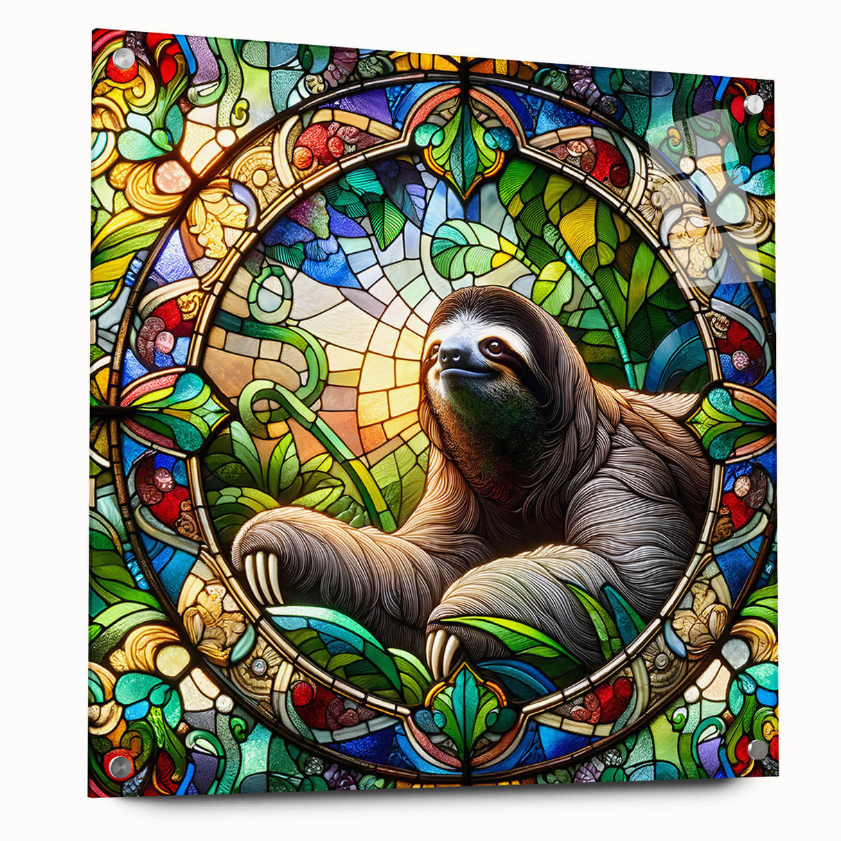 Acrylic wall art featuring a sloth design from the Animals A Wild Life collection, displayed in a side view with mounting pins, ideal for nature-themed decor.
