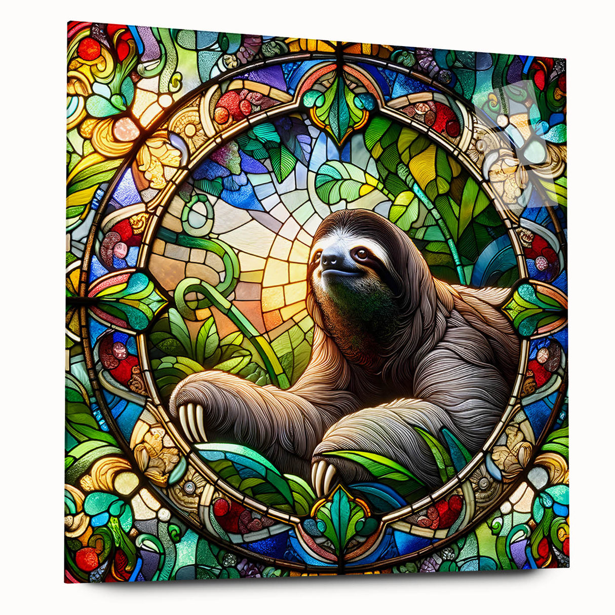 Side view of a sloth-themed wall art piece from the "Animals: A Wild Life" collection, crafted from acrylic glass, showcasing vibrant colors and intricate details, perfect for animal lovers' decor.