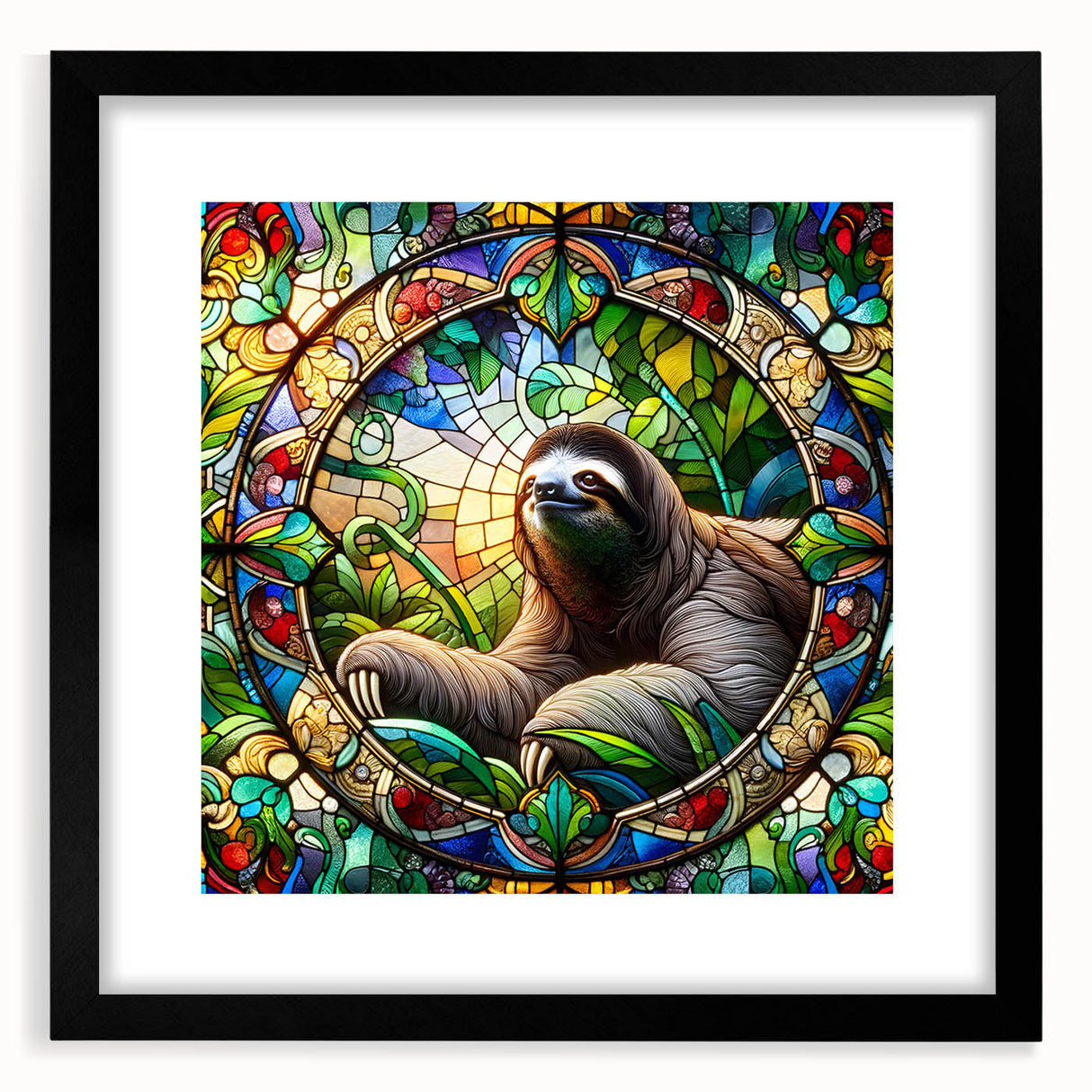 Framed wall art collection featuring a sloth design in vibrant colors, set in a sleek black frame with a white mat, perfect for animal lovers' decor.