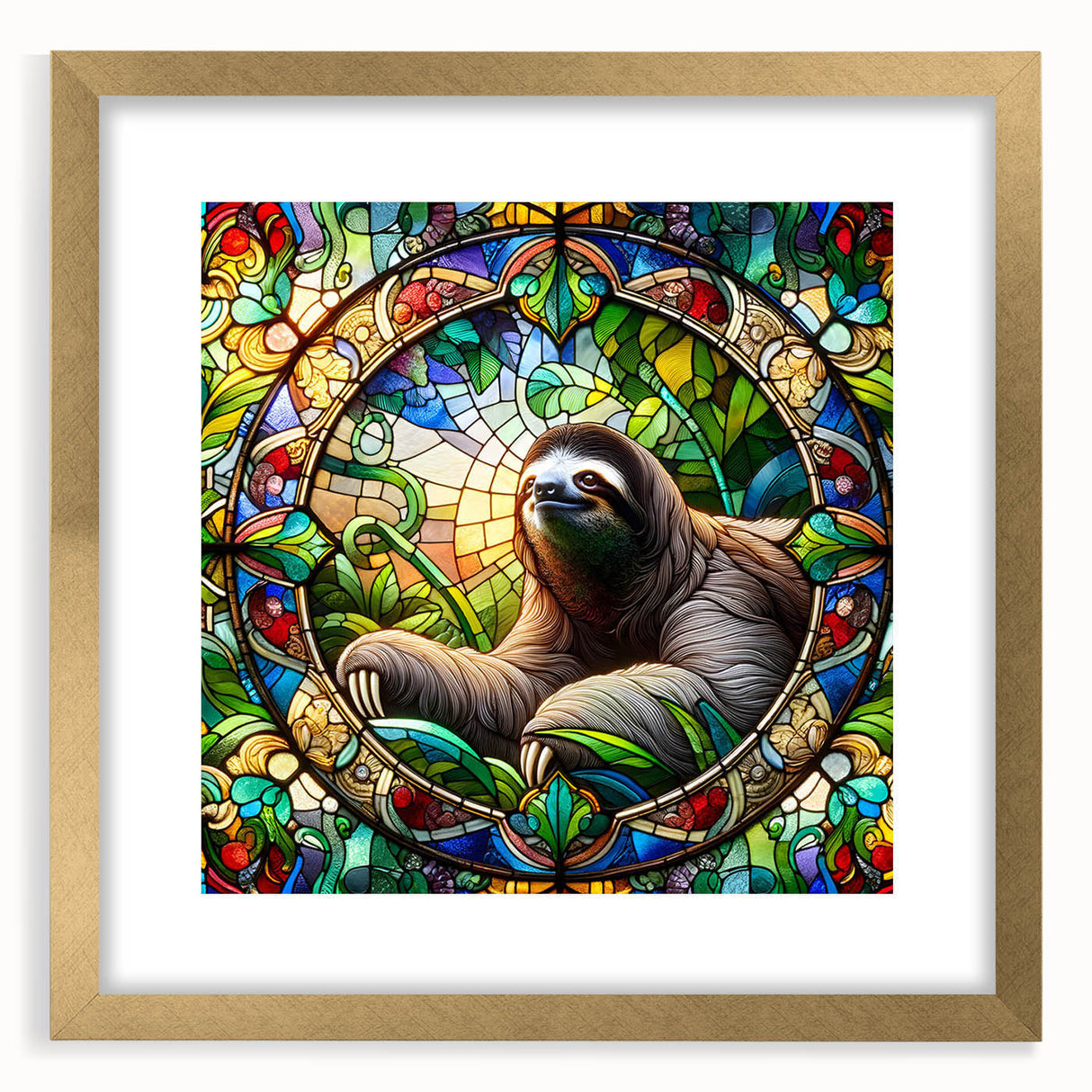 Framed wall art featuring a sloth design from the "Animals: A Wild Life" collection, showcasing a gold frame and mat, ideal for nature-inspired decor.