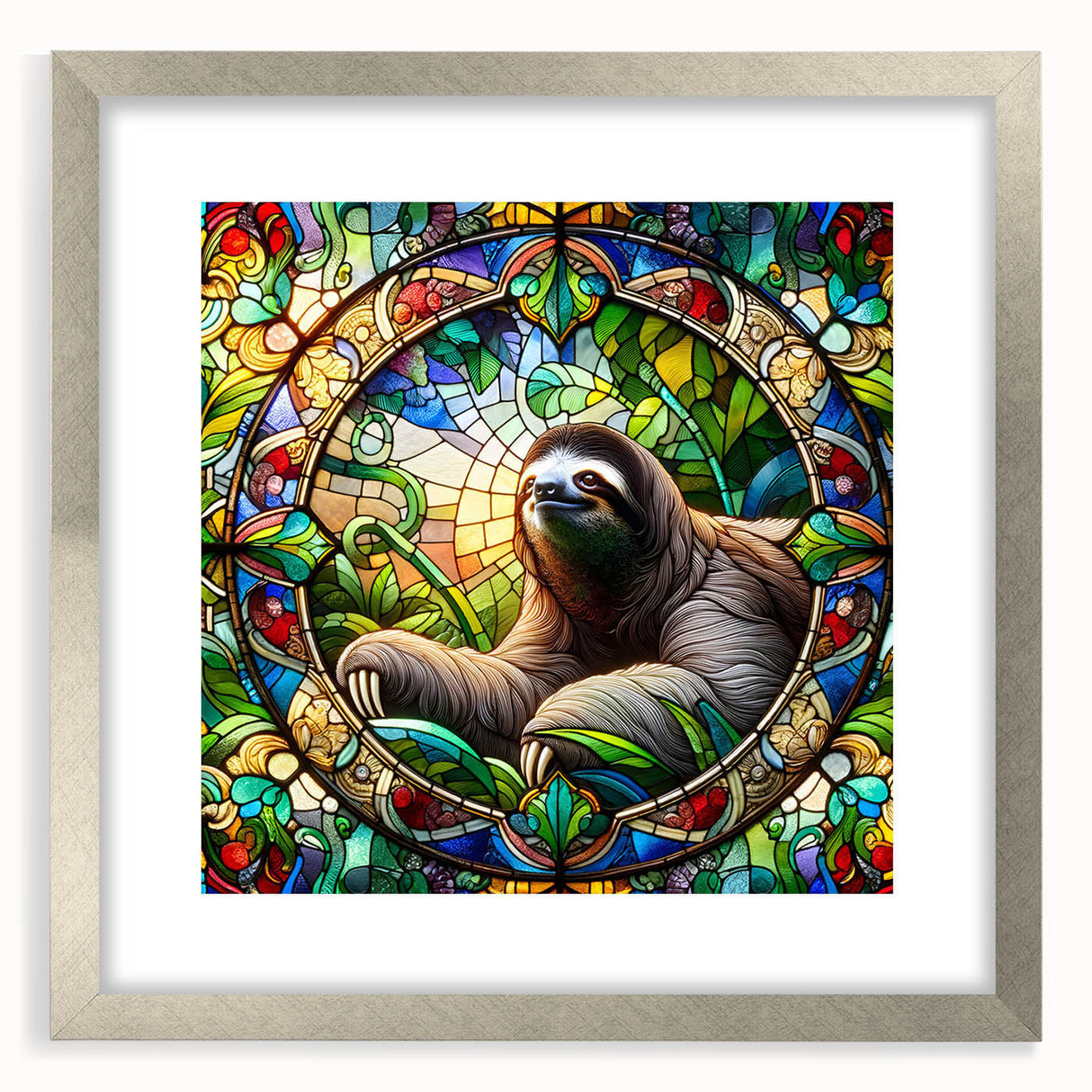 Framed wall art featuring a sloth design from the "Animals: A Wild Life" collection, showcasing vibrant colors and a silver frame, ideal for animal lovers.