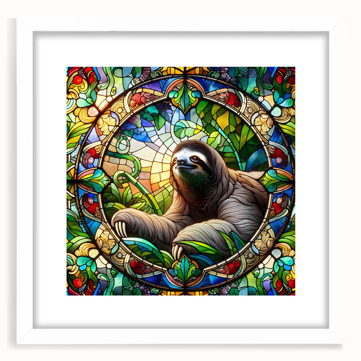 Framed wall art featuring a whimsical sloth design on a white mat, ideal for nature-themed decor or children's rooms, adding a playful touch to any space.
