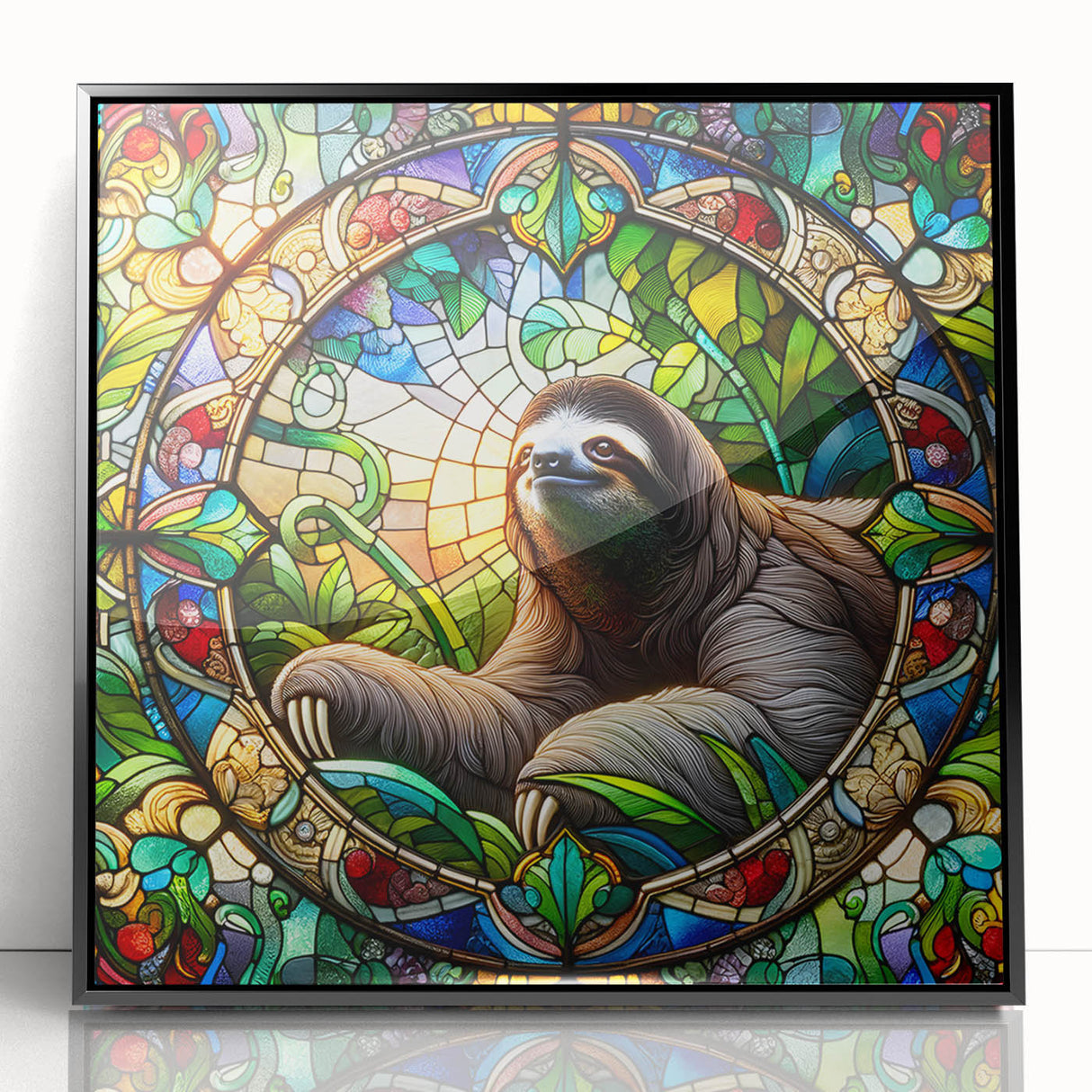 Framed acrylic wall art featuring a sloth design from the "Animals - A Wild Life" collection, showcasing vibrant colors and detailed textures against a sleek black frame. Perfect for nature lovers and animal-themed decor.