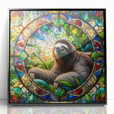 Framed acrylic wall art featuring a sloth design from the "Animals - A Wild Life" collection, showcasing vibrant colors and detailed textures against a sleek black frame. Perfect for nature lovers and animal-themed decor.