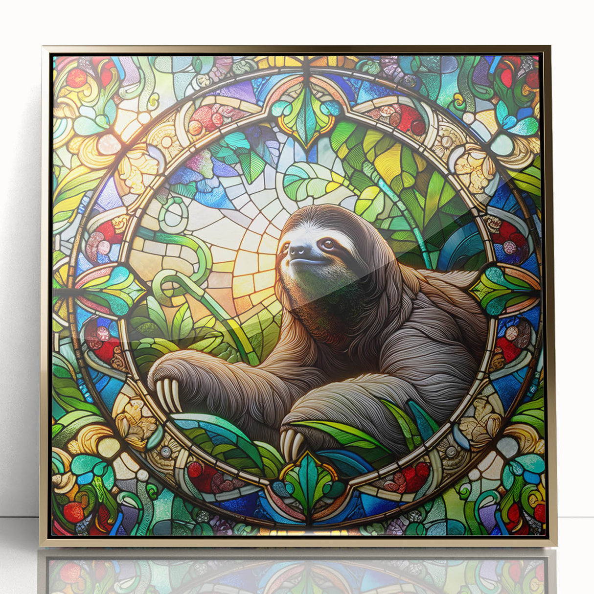 Framed wall art featuring a sloth design in vibrant colors, set against a gold-accented background, perfect for adding a whimsical touch to any room decor.
