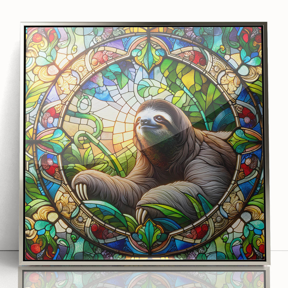 Framed wall art featuring a sloth design in a vibrant, modern style with a sleek silver frame, perfect for animal lovers and nature-themed decor.