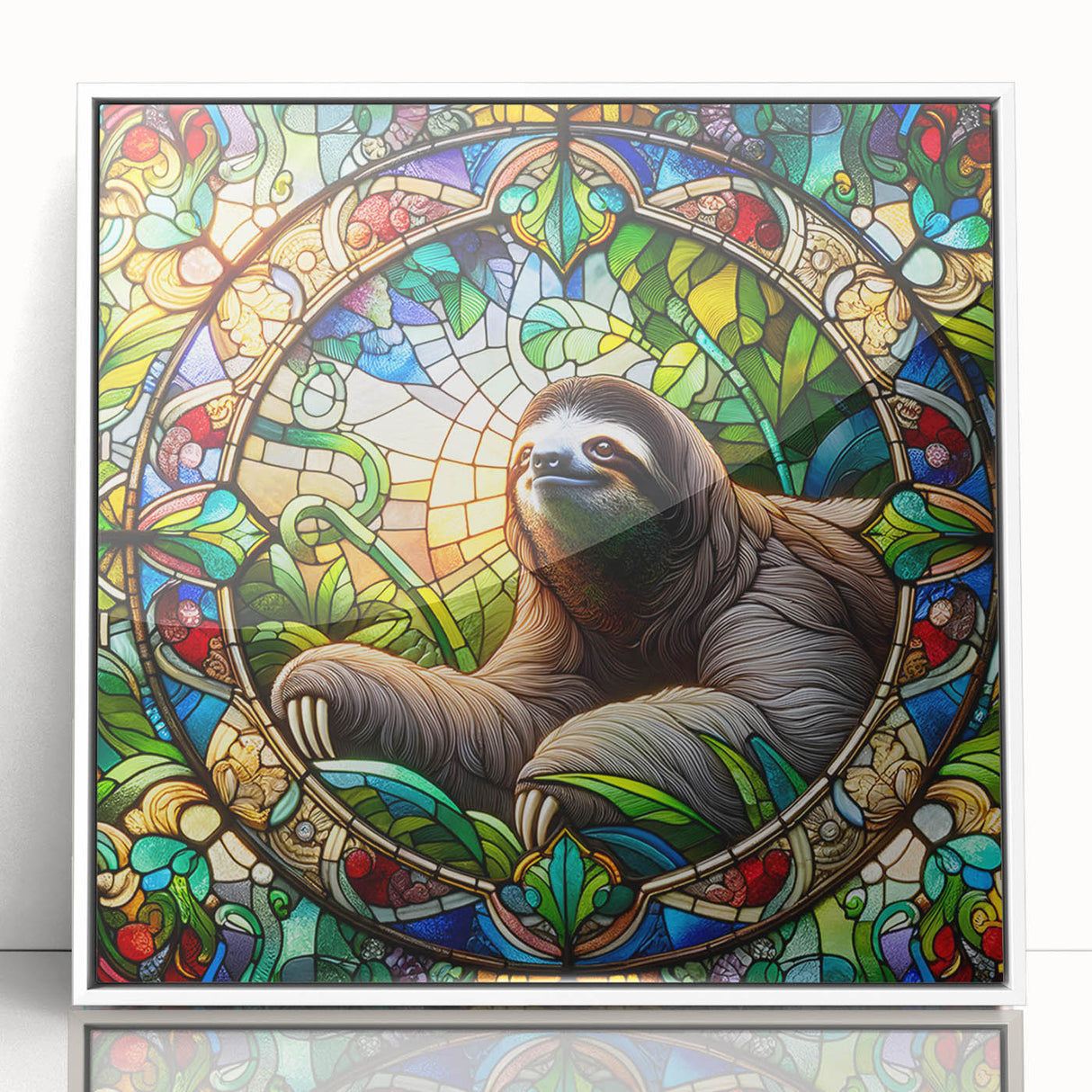 Framed acrylic wall art featuring a playful sloth design in vibrant colors, set against a white background, perfect for children's room decor or wildlife enthusiasts.