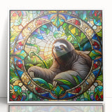 Framed acrylic wall art featuring a playful sloth design in vibrant colors, set against a white background, perfect for children's room decor or wildlife enthusiasts.