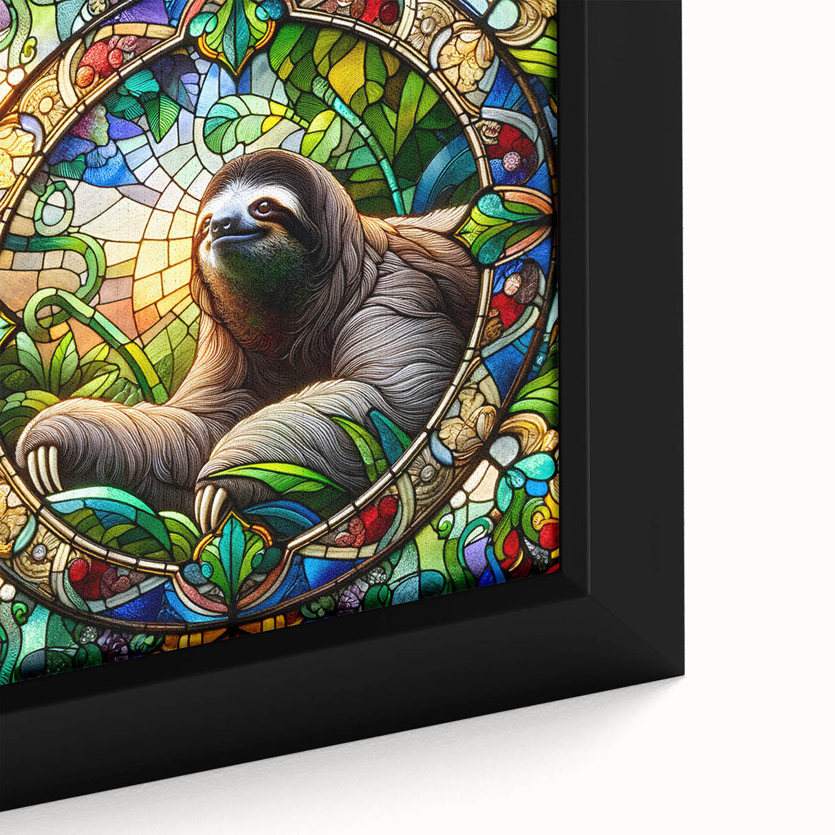 Close-up of a framed canvas wall art featuring a sloth design, showcasing vibrant colors and intricate details, perfect for animal lovers and home decor enthusiasts.