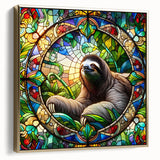 Framed wall art featuring a sloth design in a vibrant color palette, set against a gold background, showcasing a whimsical and playful aesthetic perfect for animal lovers.
