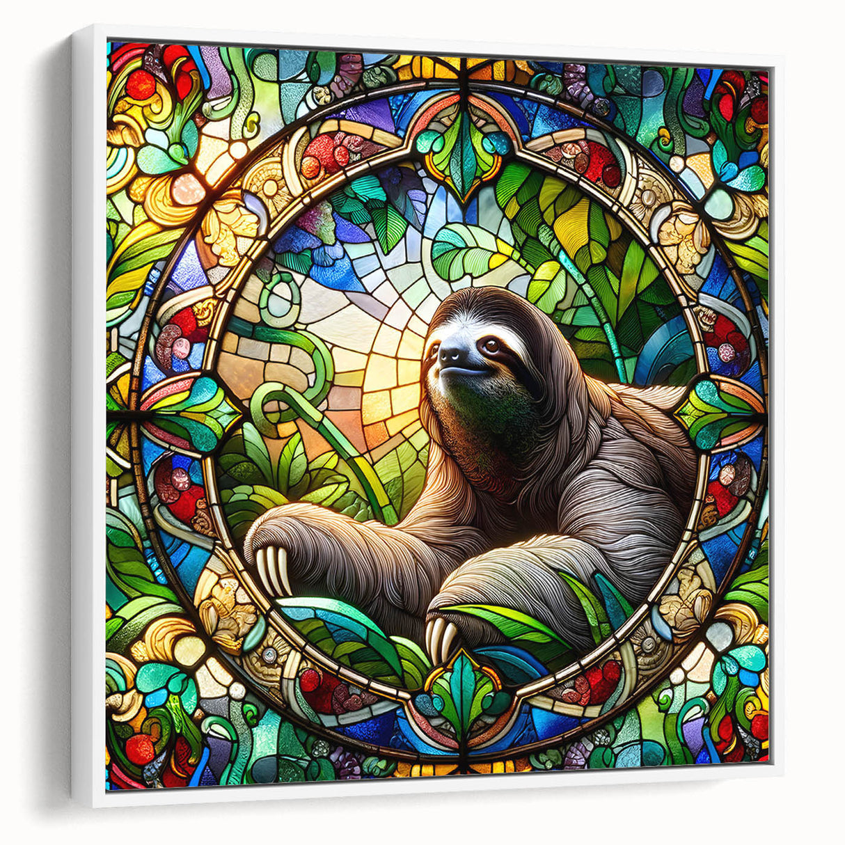 Framed canvas wall art featuring a sloth design in a white frame, showcasing vibrant colors and intricate details, perfect for animal lovers and home decor.