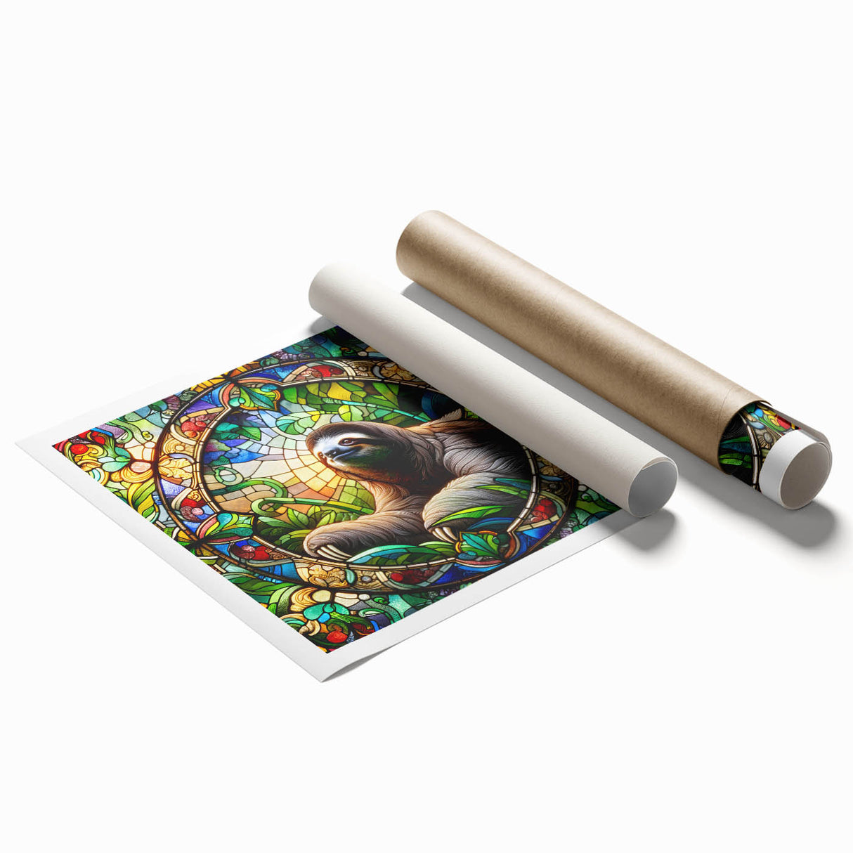 Sloth-themed wall art print showcasing a vibrant design of a sloth in a lush jungle setting, rolled and ready for display. Perfect for animal lovers and home decor enthusiasts.