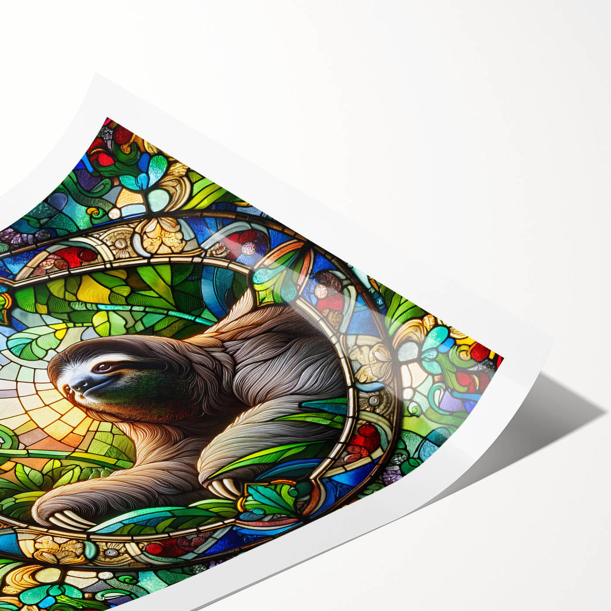 Sloth-themed wall art print showcasing a whimsical sloth design in vibrant colors, rolled and ready for framing, perfect for animal lovers and home decor.