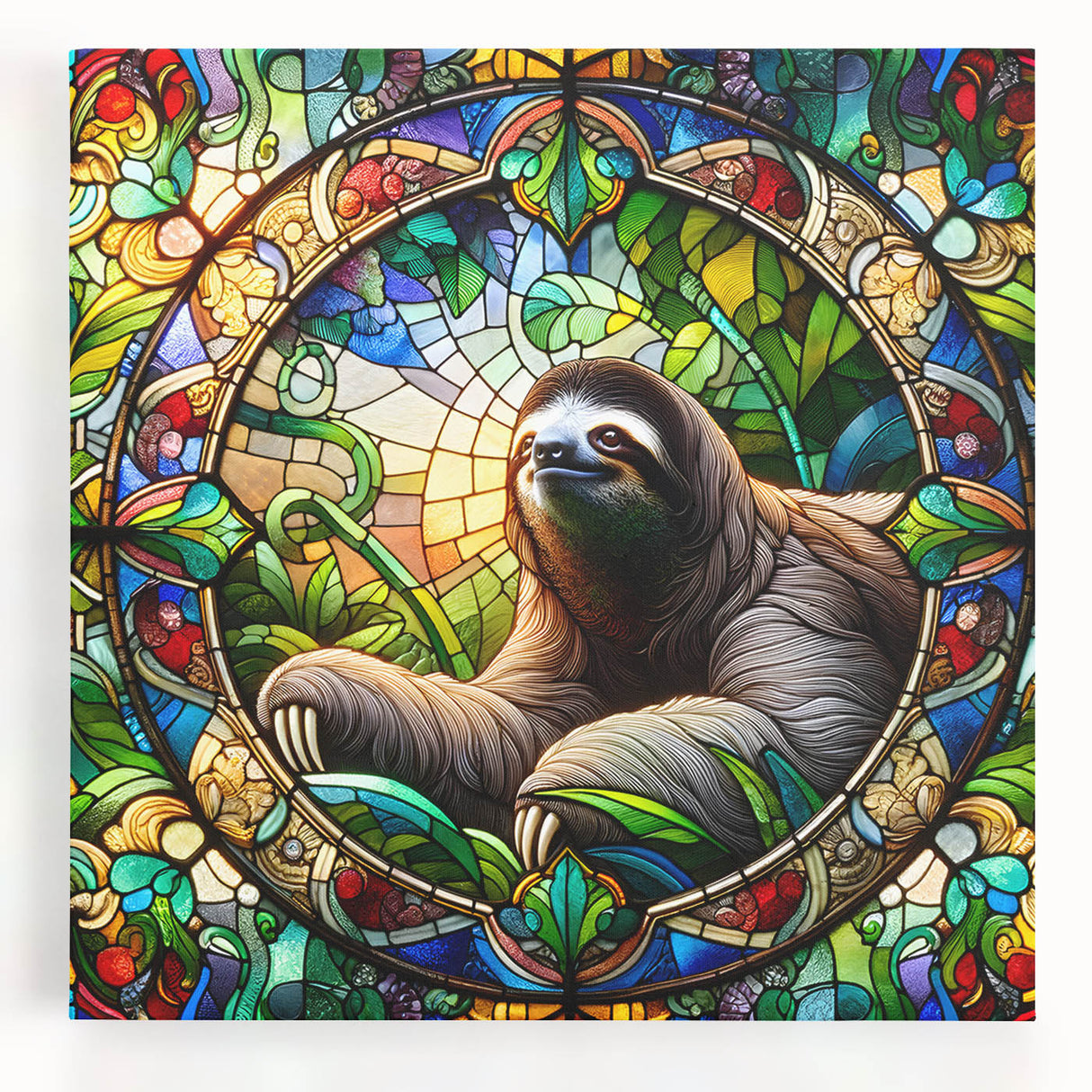 Sloth wall art design on stretched canvas, showcasing a vibrant green jungle backdrop, perfect for nature lovers and animal enthusiasts, ideal for home decor.