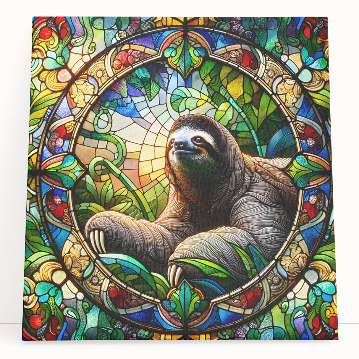 Sloth-themed wall art featuring vibrant colors and intricate details, showcasing a whimsical sloth design on stretched canvas, perfect for nature lovers' decor.
