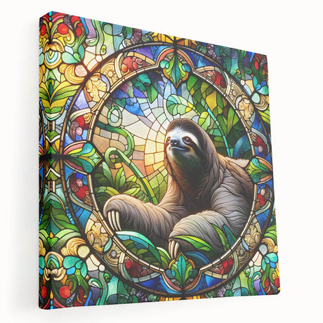Side view of a stretched canvas wall art featuring a sloth design, showcasing vibrant colors and intricate details, perfect for animal lovers and home decor.