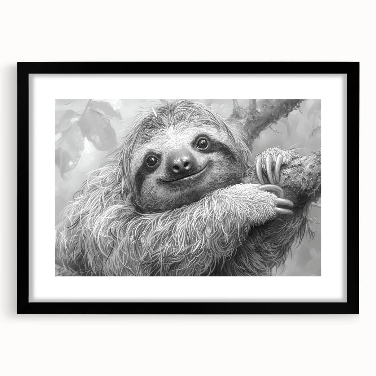 Framed wall art collection featuring a sloth design in a sleek black frame with a mat, bringing a touch of wildlife charm to home decor. Ideal for nature lovers.
