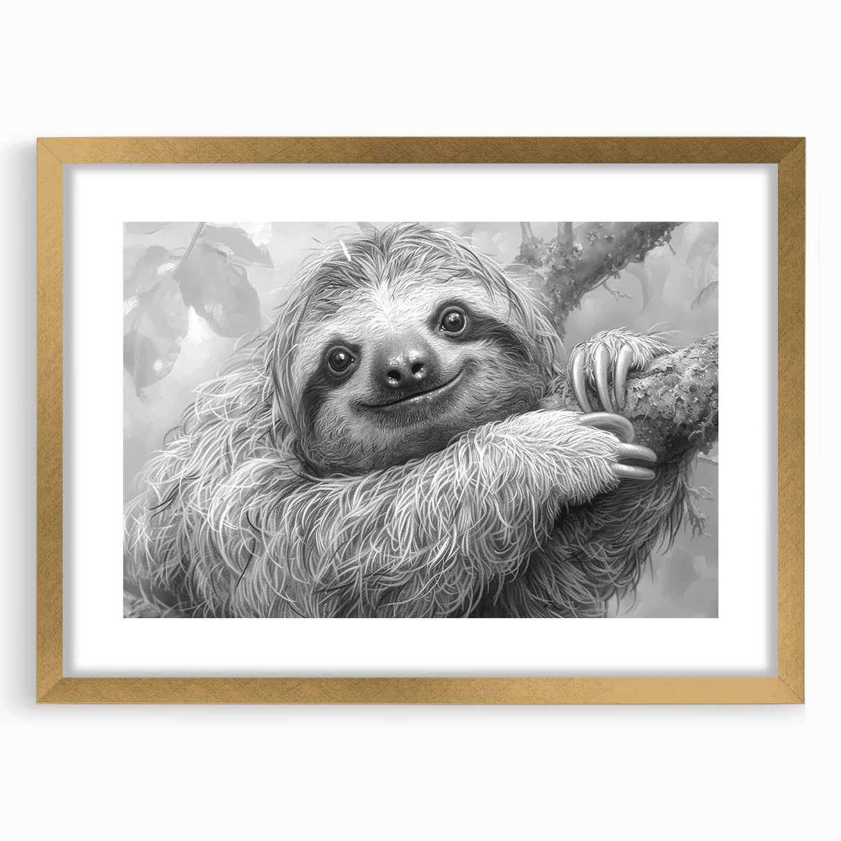 Sloth-themed wall art collection featuring a gold-framed design with a mat, showcasing a whimsical sloth illustration against a vibrant backdrop, perfect for animal lovers.