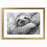 Sloth-themed wall art collection featuring a gold-framed design with a mat, showcasing a whimsical sloth illustration against a vibrant backdrop, perfect for animal lovers.