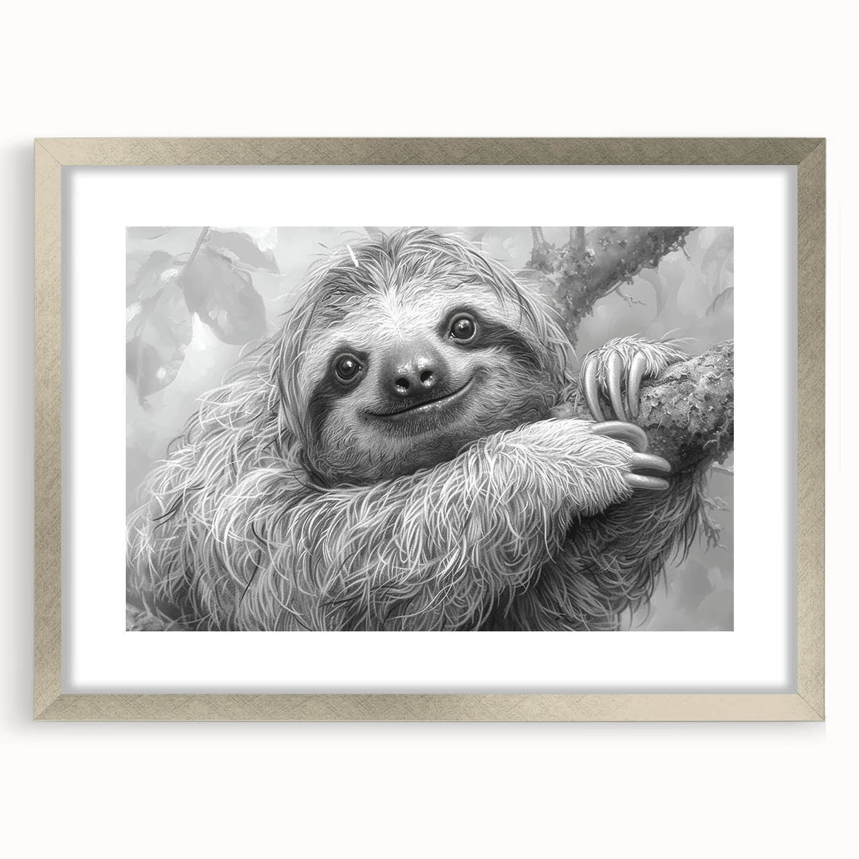 Front view of a silver-framed wall art piece showcasing a whimsical sloth design, part of the "Animals: A Wild Life" collection, perfect for nature-themed decor.