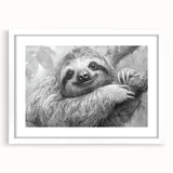 Sloth-themed wall art framed in white matting, showcasing a detailed illustration of a sloth hanging from a tree branch, perfect for animal lovers and nature enthusiasts.