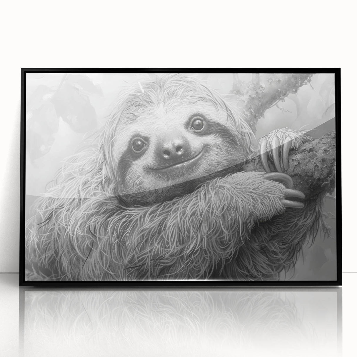Framed acrylic wall art featuring a whimsical sloth design, showcasing vibrant colors and intricate details, ideal for animal lovers' home decor.