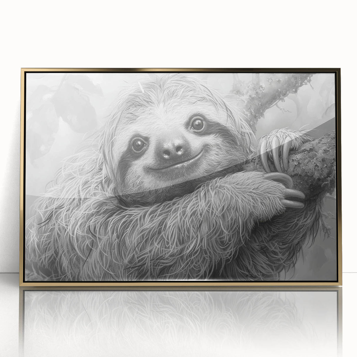 Framed acrylic wall art featuring a whimsical sloth design in vibrant colors, showcasing its playful expression against a gold background, perfect for animal lovers’ decor.