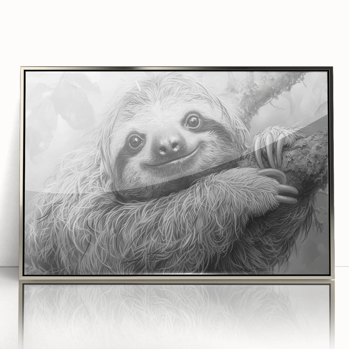 Framed wall art featuring a sloth design from the "Animals A Wild Life" collection, showcasing vibrant colors and a sleek silver frame, perfect for wildlife enthusiasts.