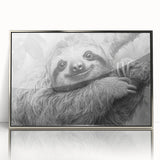 Framed wall art featuring a sloth design from the "Animals A Wild Life" collection, showcasing vibrant colors and a sleek silver frame, perfect for wildlife enthusiasts.