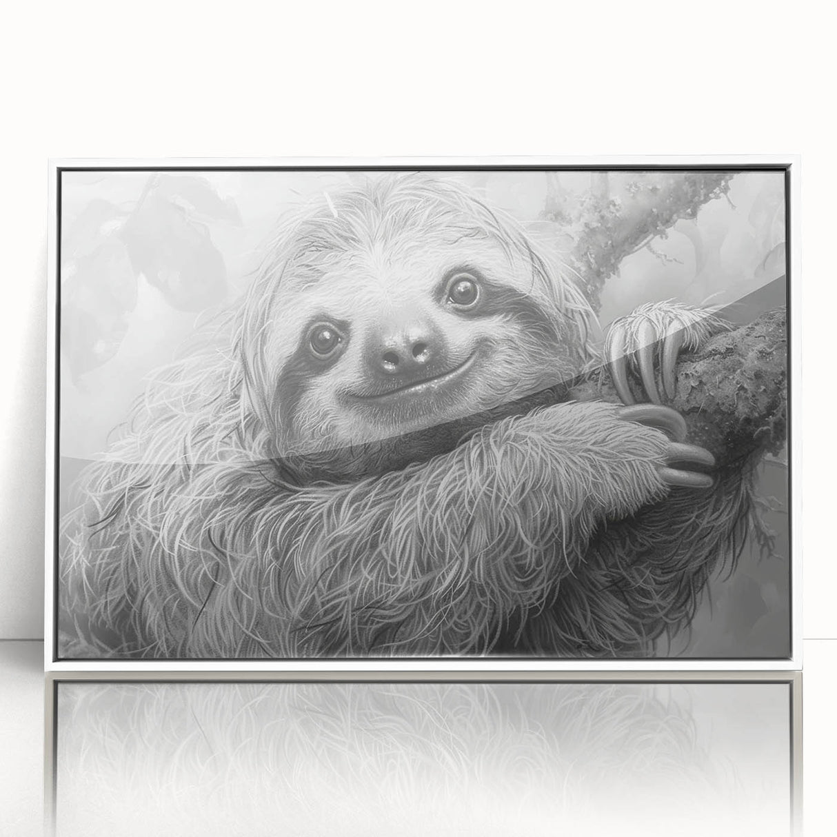 Framed wall art featuring a sloth design from the "Animals - A Wild Life" collection, showcasing vibrant colors and acrylic finish, perfect for nature lovers' decor.
