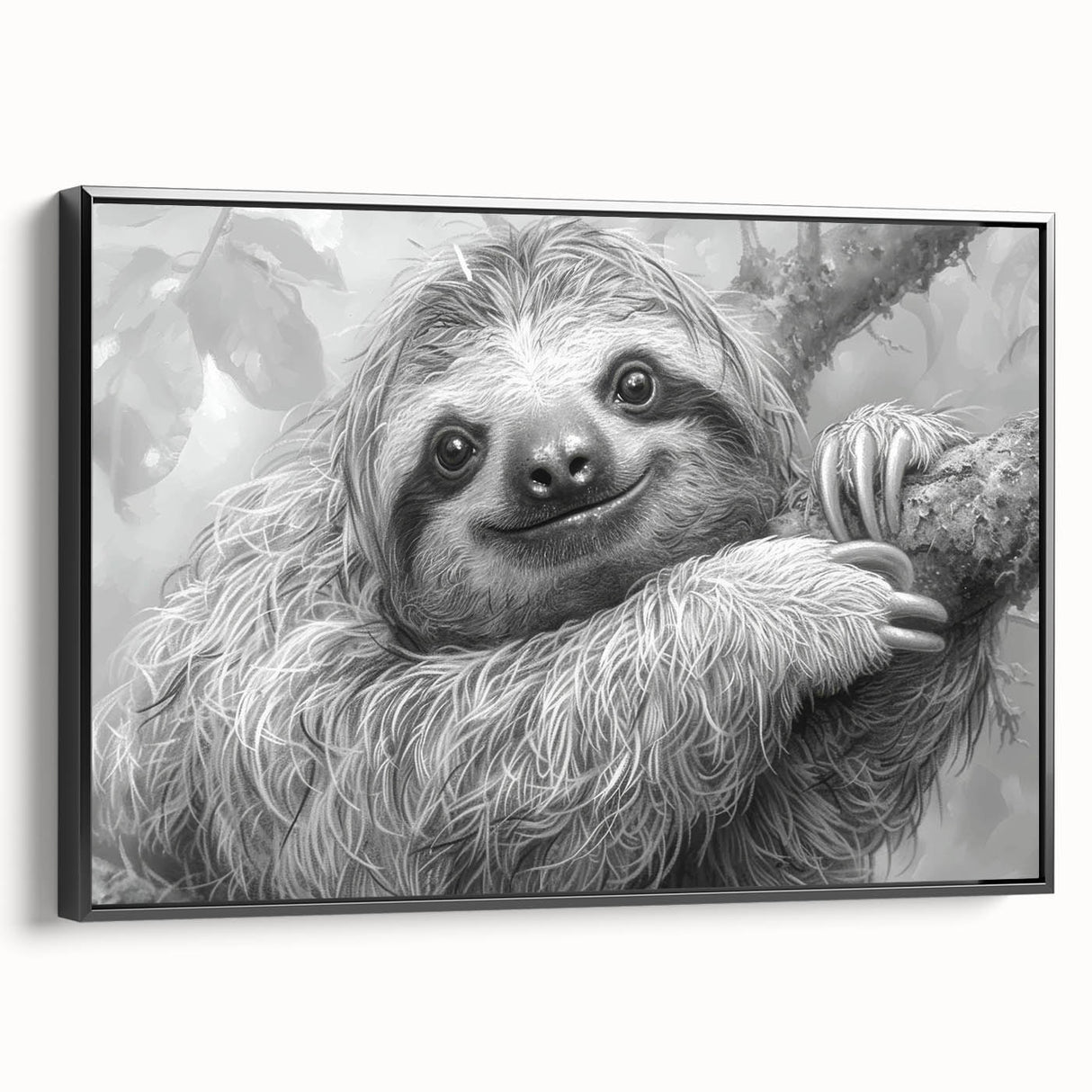 Framed wall art featuring a sloth design from the 'Animals: A Wild Life' collection, showcasing vibrant colors and detailed textures against a sleek black frame. Perfect for animal lovers and nature-themed decor.