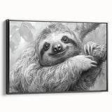 Framed wall art featuring a sloth design from the 'Animals: A Wild Life' collection, showcasing vibrant colors and detailed textures against a sleek black frame. Perfect for animal lovers and nature-themed decor.