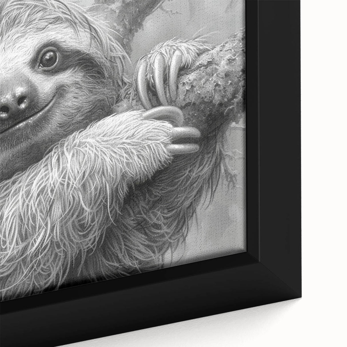 Close-up of a framed canvas wall art depicting a colorful sloth design in a lush jungle setting, showcasing detailed textures and vibrant colors. Perfect for animal lovers and nature enthusiasts, this artwork adds a playful touch to home decor.