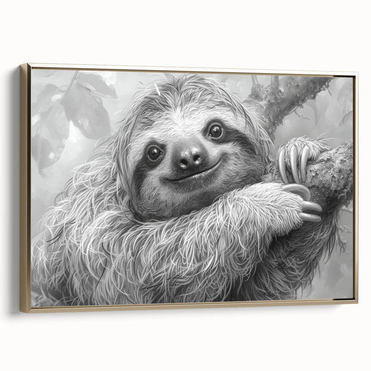 Framed canvas wall art featuring a sloth design from the 'Animals of the Wild' collection, showcasing vibrant colors and gold accents, ideal for nature lovers' decor.