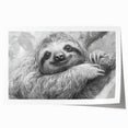 Sloth design wall art print featuring vibrant green foliage and playful sloths, ideal for nature-themed decor, rolled and ready for framing.