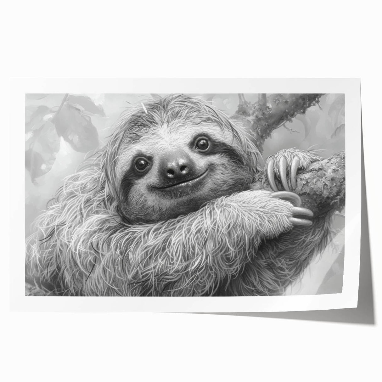 Sloth design wall art print featuring vibrant green foliage and playful sloths, ideal for nature-themed decor, rolled and ready for framing.